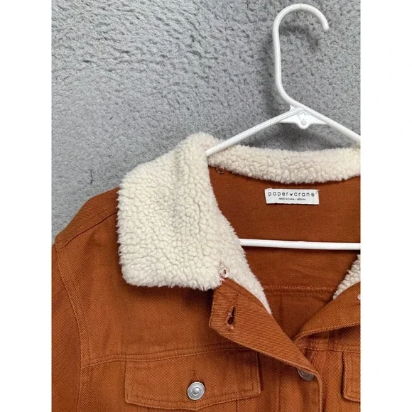 Paper Crane Jacket Womens Medium Rust Brown Sherpa Collared Hooded Denim Coat - Picture 8 of 12